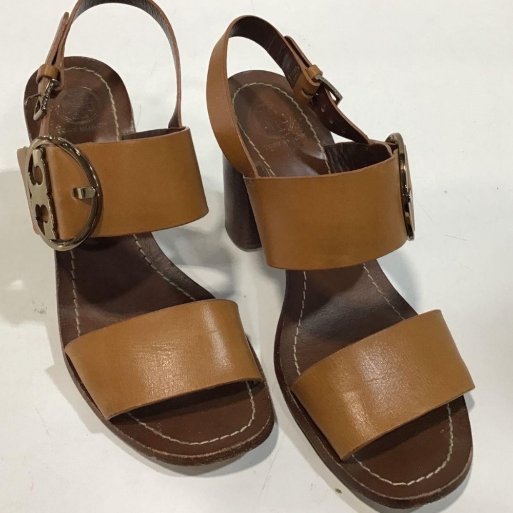 Women’s Tory Burch Brown Leather Chunky Heel Sandals Size 9.5M
